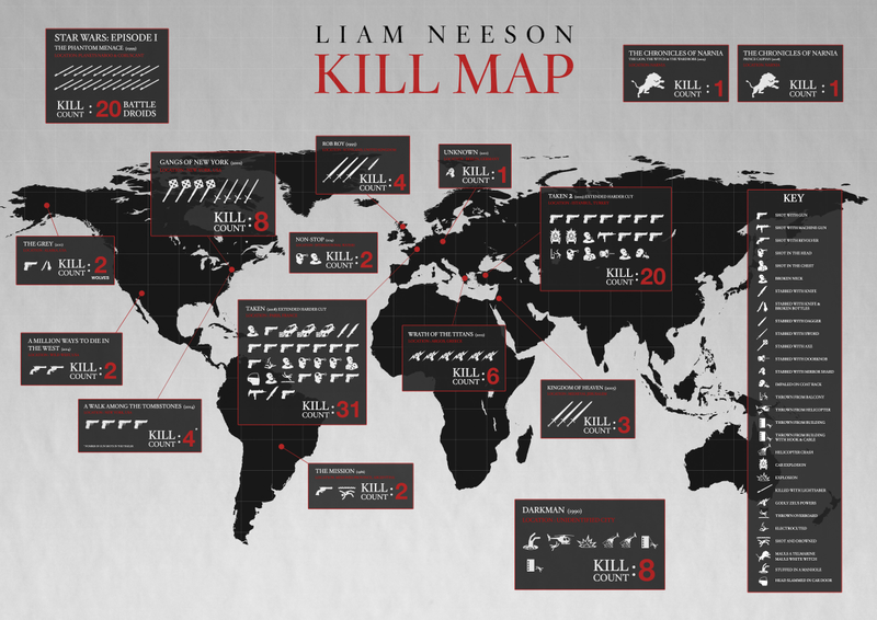 Illustration for article titled Here’s a map of Liam Neeson’s pan-continental murder spree